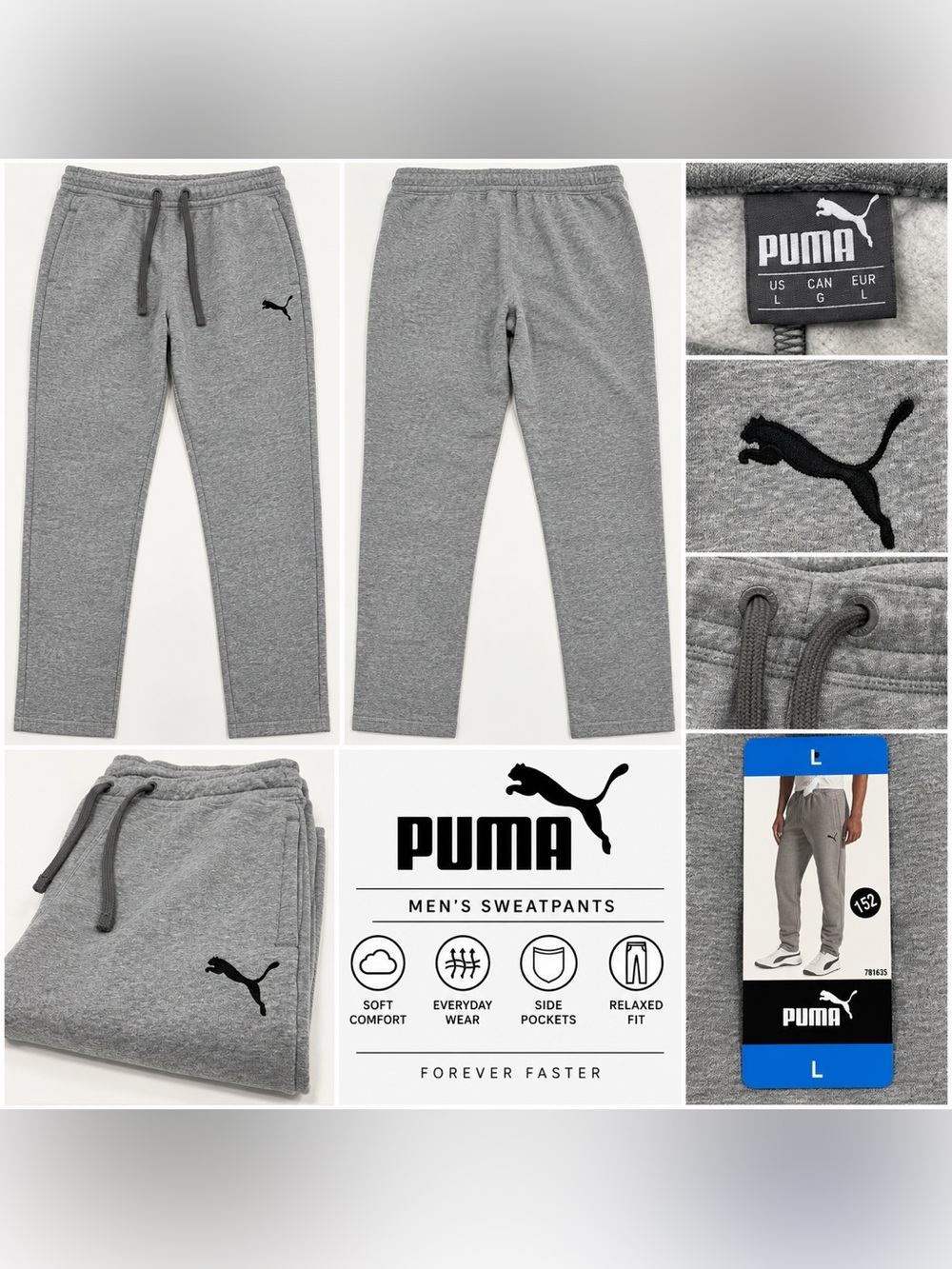 Puma Mens Relaxed Fit Fleece Sweatpants Gray Side Pockets 781635 Size L NWT